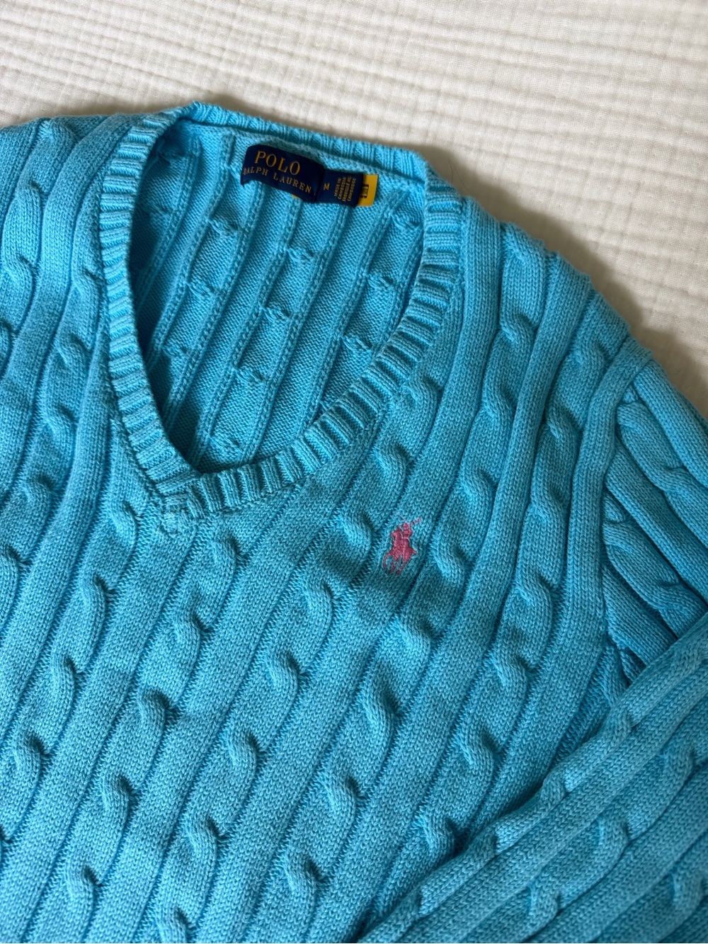 Polo Ralph Lauren Women Cable V-Neck Sweater - Turquoise Blue with Pink Pony
